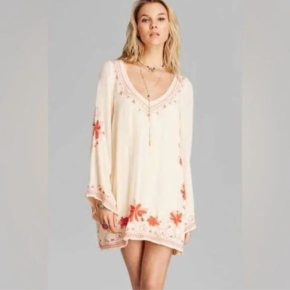 Free People Skyfall Beige & Rust Orange Embroidered Dress Size S - Picture 3 of 12